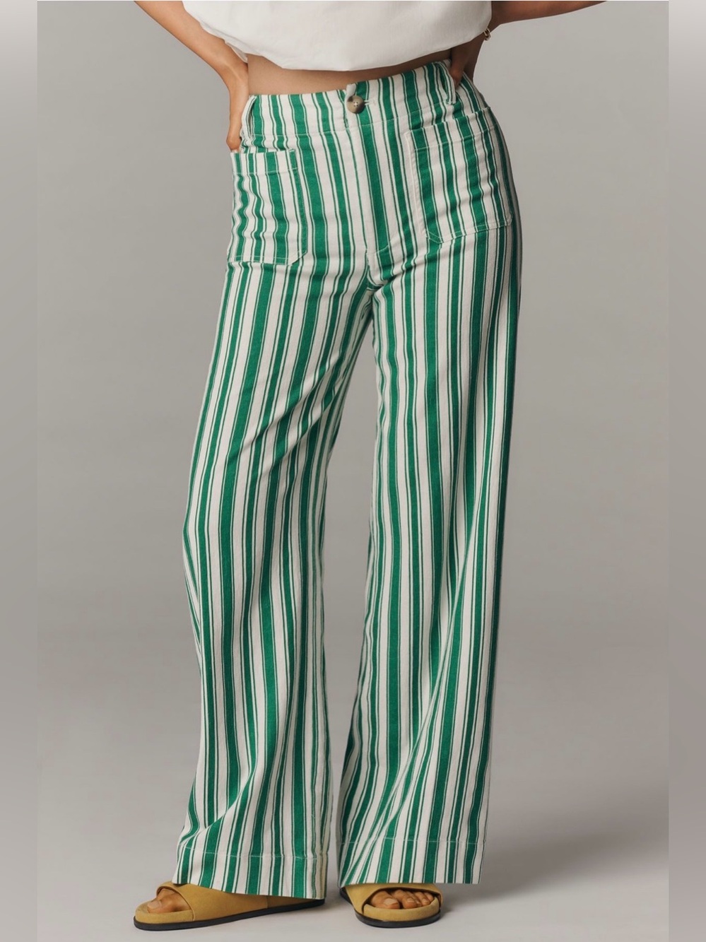 Anthropologie Maeve Colette Green White Stripe Wide Leg Pants Size 30